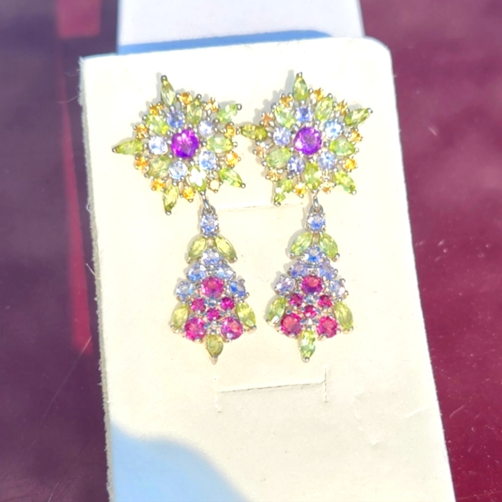 Genuine Peridot, Amethyst, Rhodolite Garnet,Tanzanite, and Sapphire Earrings